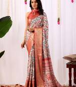 beige soft lichi art silk printed designer patola style saree with zari woven border and contrast blouse