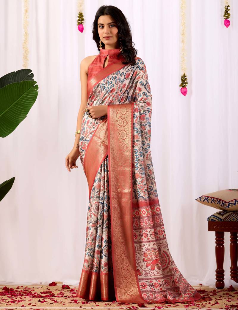 beige soft lichi art silk printed designer patola style saree with zari woven border and contrast blouse