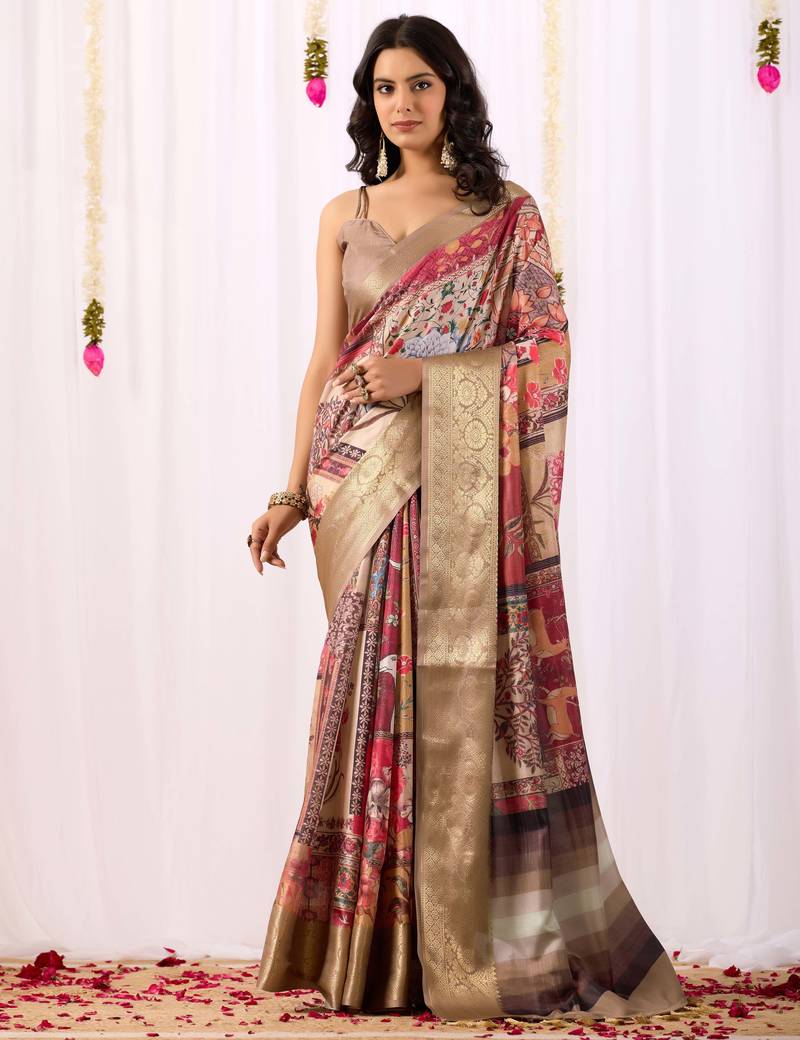 beige soft lichi art silk saree with elegant tribal art print & rich zari border | festive & traditional wear