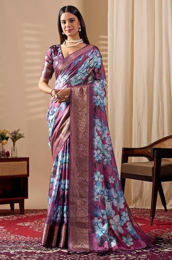 Blue soft lichi silk saree with floral prints & rich zari woven border | trendy festive wear saree with contrast blouse
