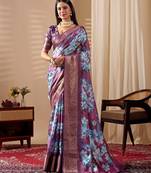 Blue soft lichi silk saree with floral prints & rich zari woven border | trendy festive wear saree with contrast blouse