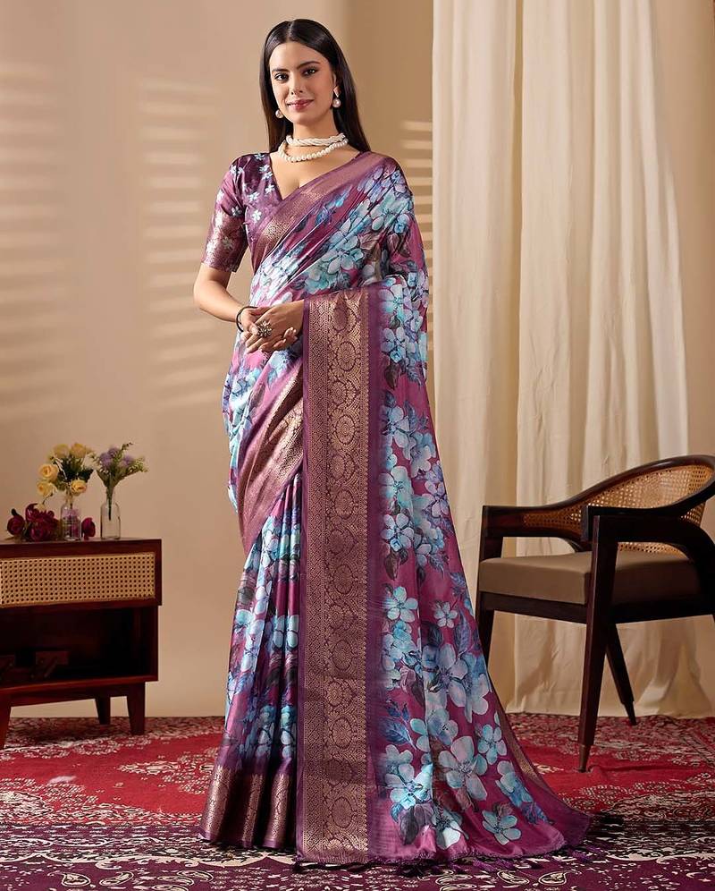 Blue soft lichi silk saree with floral prints & rich zari woven border | trendy festive wear saree with contrast blouse