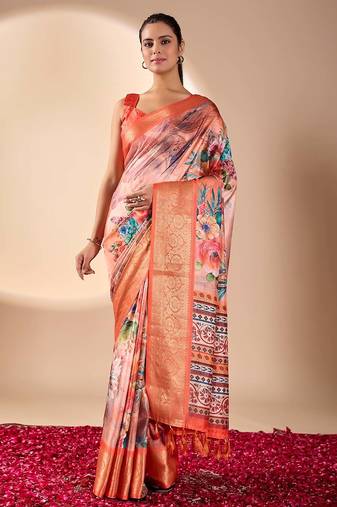 peach lichi art silk saree with floral print & patola pallu | designer zari border | with blouse