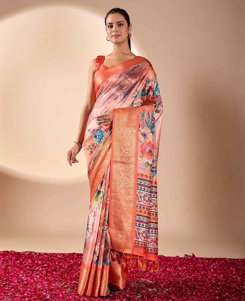 peach lichi art silk saree with floral print & patola pallu | designer zari border | with blouse