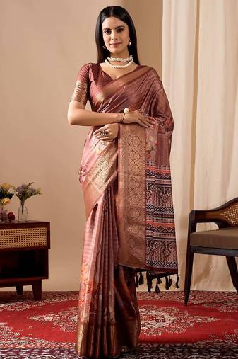 dusty rose soft lichi art silk printed saree with patola motifs & woven border | traditional patola saree with blouse