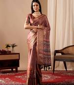 dusty rose soft lichi art silk printed saree with patola motifs & woven border | traditional patola saree with blouse