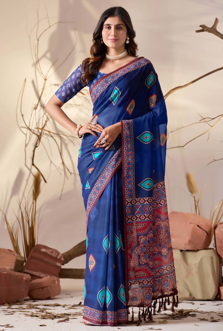 royal blue soft georgette saree with geometric digital print & contrast border | party wear saree with printed blouse
