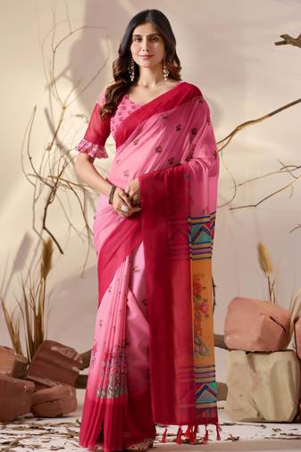 light pink soft georgette floral digital print saree with contrast designer pallu & ruffle sleeve blouse