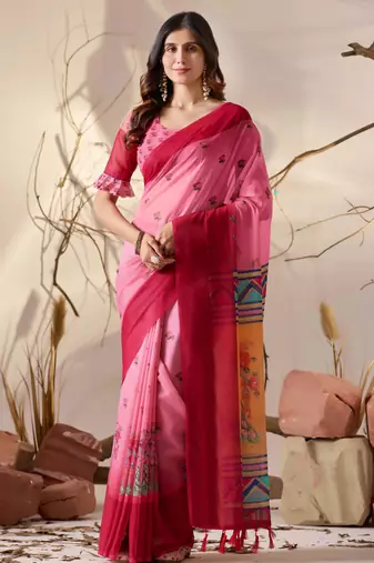 light pink soft georgette floral digital print saree with contrast designer pallu & ruffle sleeve blouse