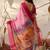 light pink soft georgette floral digital print saree with contrast designer pallu & ruffle sleeve blouse