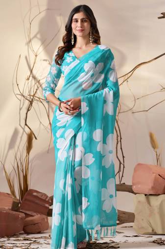 aqua georgette saree with oversized floral digital print & tassel pallu | lightweight printed saree with blouse