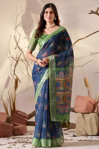 Navy blue linen cotton saree with floral print & patola pallu | elegant saree with contrast blouse