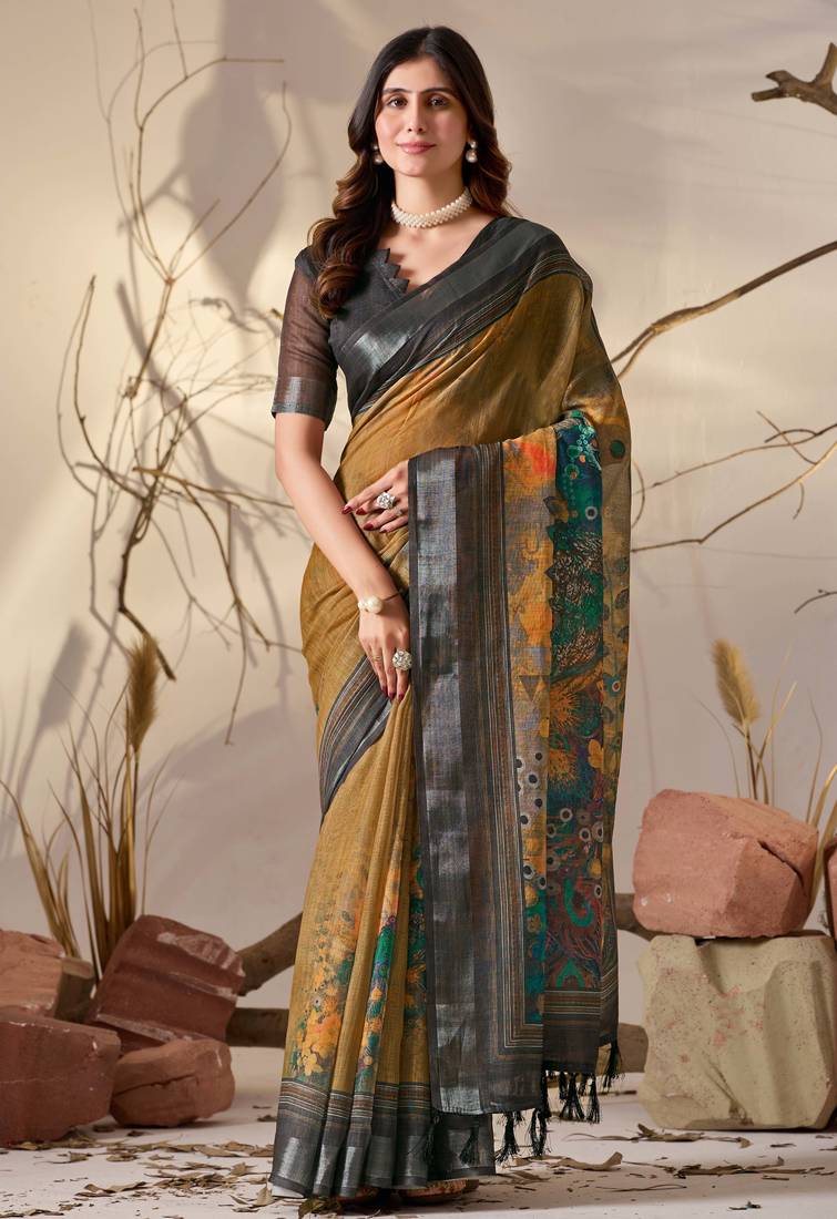 mustard linen cotton saree with artistic digital floral print & traditional patola border | contrast blouse included