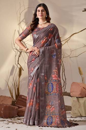 smoky brown linen cotton digital floral print saree with patola inspired border & matching blouse