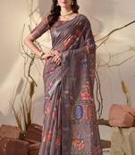 smoky brown linen cotton digital floral print saree with patola inspired border & matching blouse