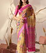 golden yellow linen cotton digital floral patola print saree with contrast border & blouse – printed saree collection