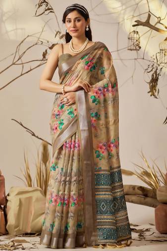 Soft beige linen cotton saree with floral & patola print | designer contrast border & blouse