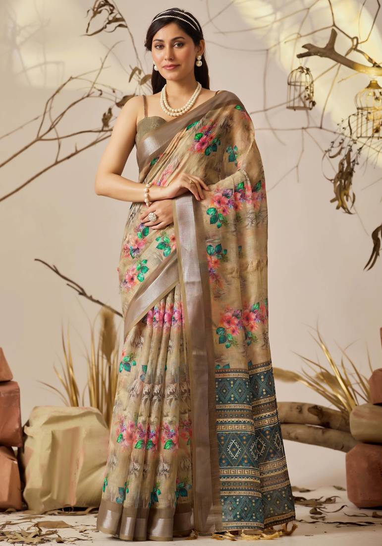 Soft beige linen cotton saree with floral & patola print | designer contrast border & blouse
