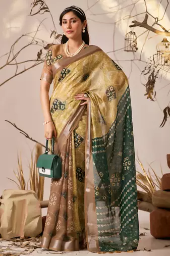 mustard yellow linen cotton patola ikat digital print saree with contrast border & matching blouse