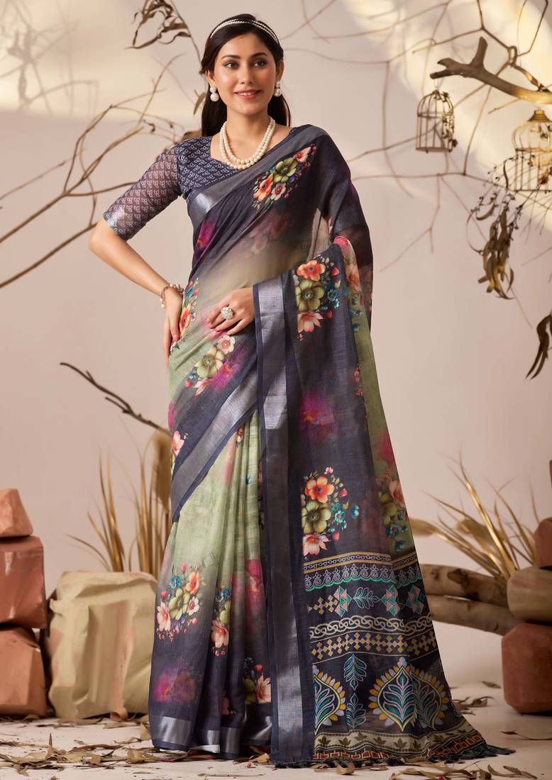 deep navy linen cotton digital floral printed saree with patola style border & matching contrast blouse