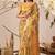 golden yellow floral print linen cotton saree with patola style design & contrast border – printed saree with blouse