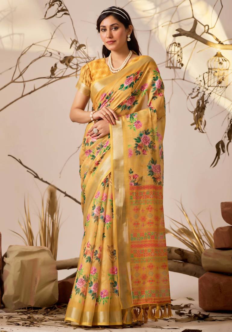 golden yellow floral print linen cotton saree with patola style design & contrast border – printed saree with blouse