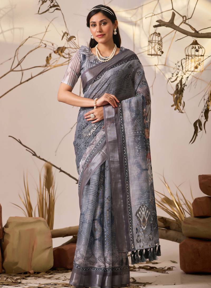 grey linen cotton digital floral printed saree with patola border | contemporary printed linen saree with blouse