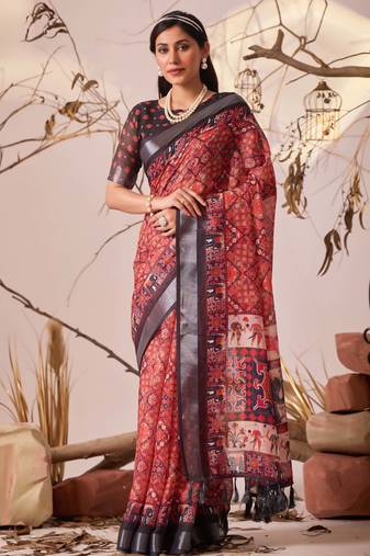 red digital print linen cotton saree with patola border & floral ethnic design – printed saree with blouse