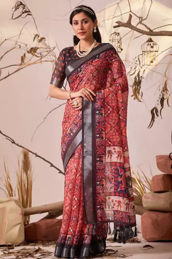red digital print linen cotton saree with patola border & floral ethnic design – printed saree with blouse
