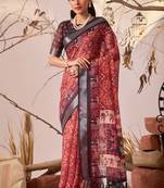 red digital print linen cotton saree with patola border & floral ethnic design – printed saree with blouse