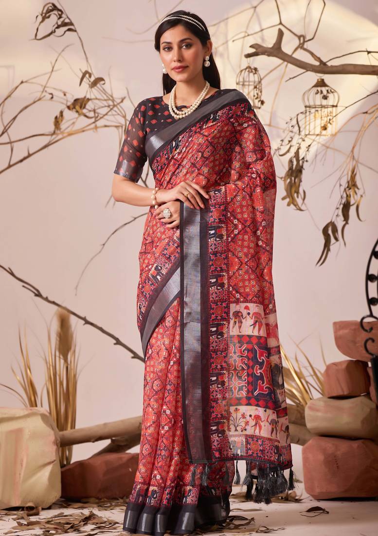red digital print linen cotton saree with patola border & floral ethnic design – printed saree with blouse