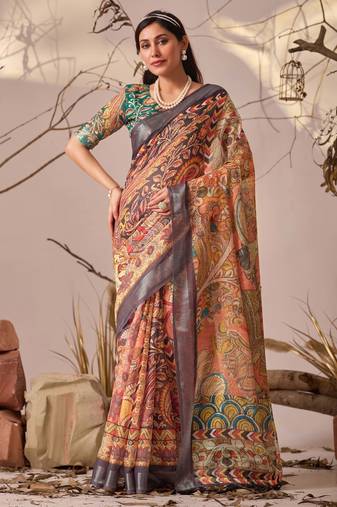 orange linen cotton kalamkari digital print saree with contrast patola border & matching blouse