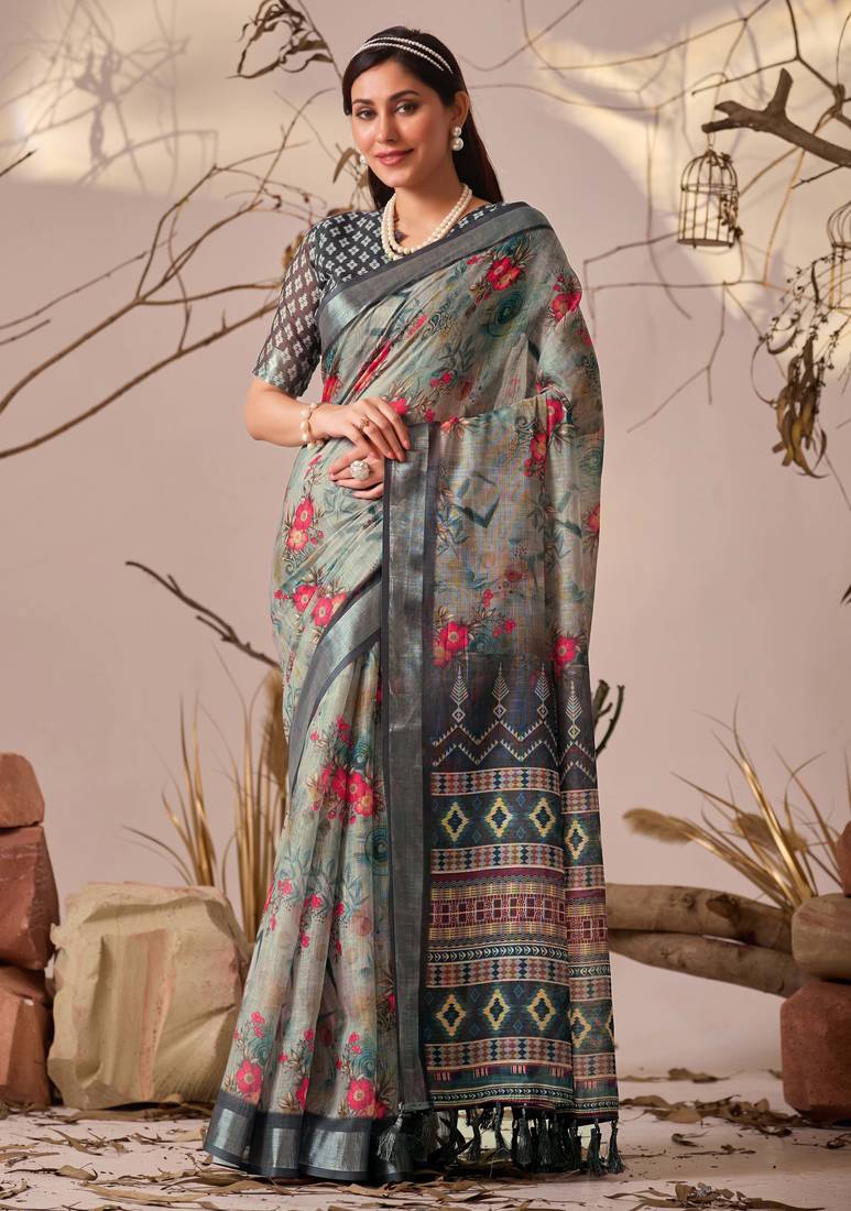 light grey linen cotton saree with digital floral print & patola style border | printed saree with blouse