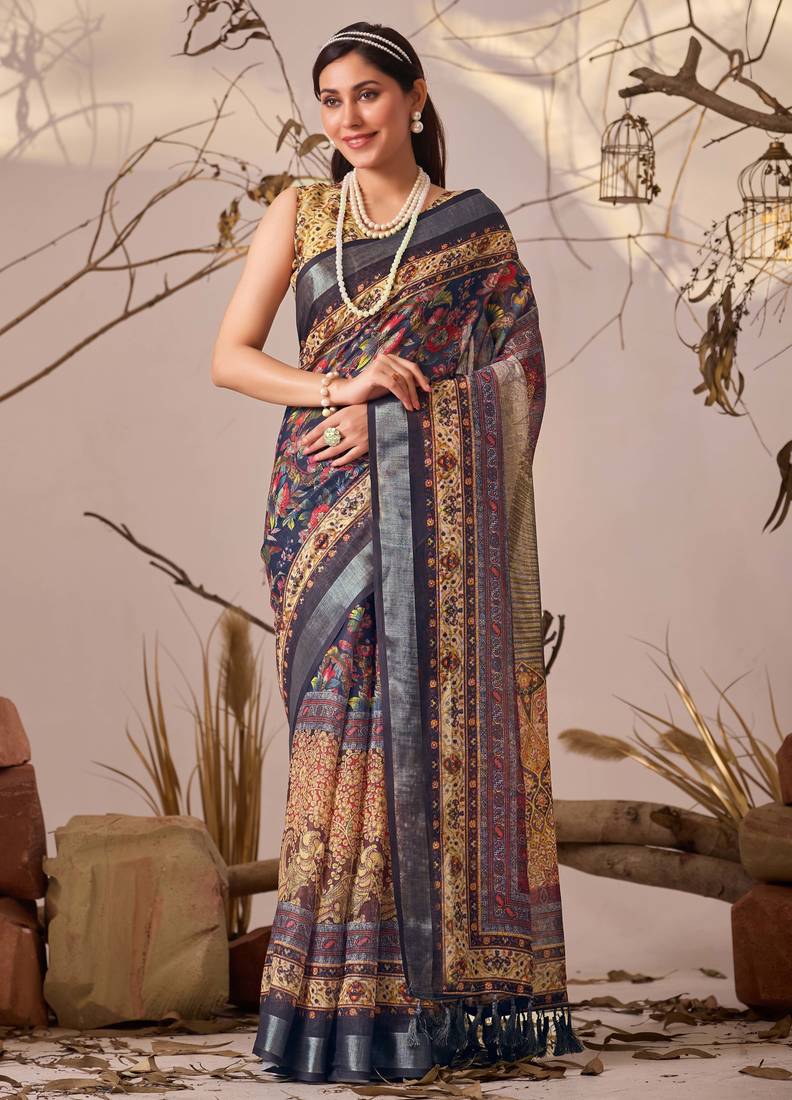 navy blue printed linen cotton designer saree with patola style border – printed saree with matching blouse
