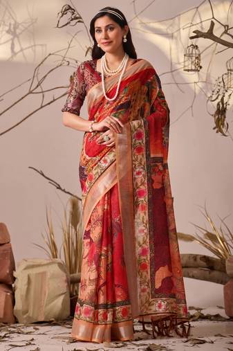 red linen cotton saree with digital floral & artistic print and patola style contrast border with matching blouse