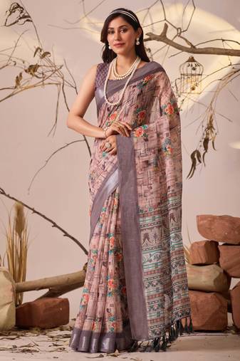 mauve linen cotton printed saree with floral & geometric digital design and patola style border with blouse