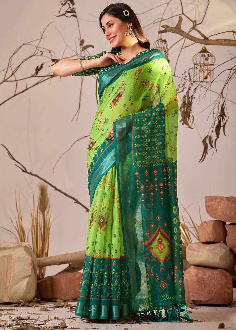 green linen cotton saree with ikat digital print & patola inspired border | soft weaving saree with matching blouse