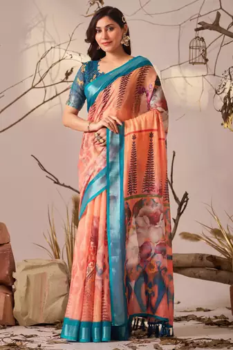 peach linen cotton saree with elegant digital floral & leaf print and patola style contrast border with matching blouse