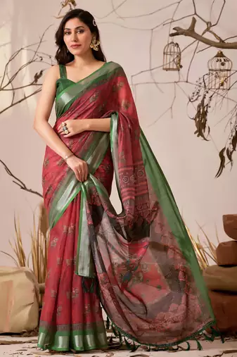 maroon linen cotton printed saree with traditional weaving design & contrast border – with blouse