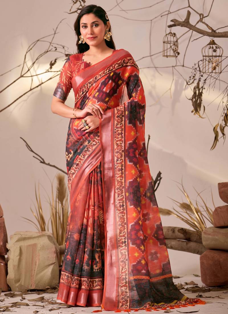 red printed linen cotton ikat patola style saree | ikat saree with blouse