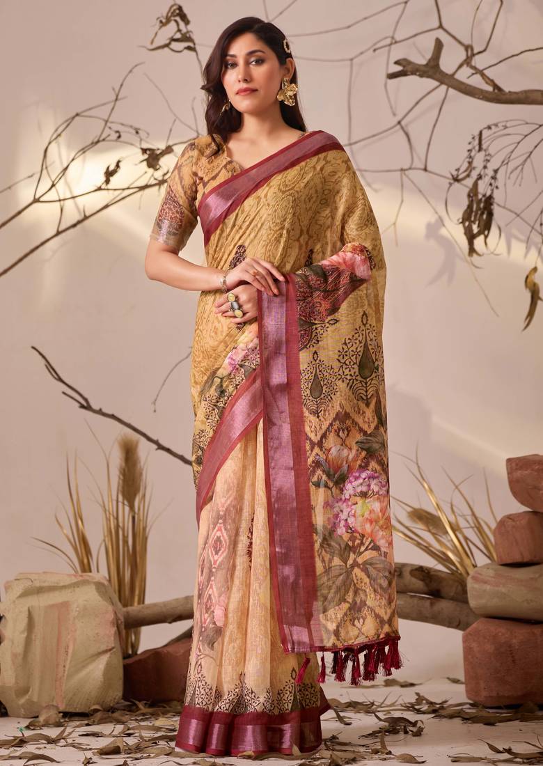mustard linen cotton digital floral print patola border designer saree with matching blouse