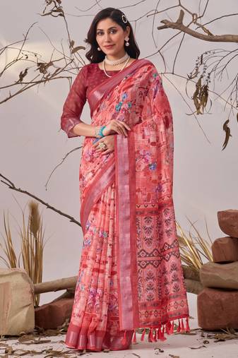 rose linen cotton digital floral printed saree with patola border & matching blouse