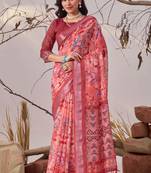 rose linen cotton digital floral printed saree with patola border & matching blouse