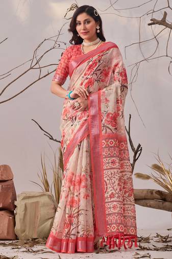 peach printed linen cotton saree with floral design & patola border – elegant daily wear saree with matching blouse