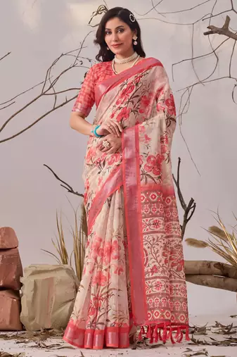 peach printed linen cotton saree with floral design & patola border – elegant daily wear saree with matching blouse