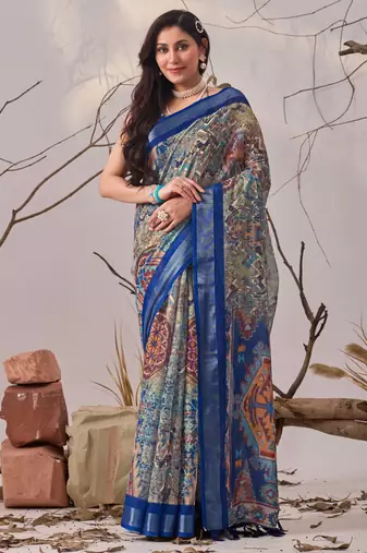 navy blue linen cotton digital patola print saree with matching blouse