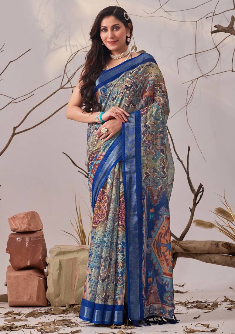 navy blue linen cotton digital patola print saree with matching blouse