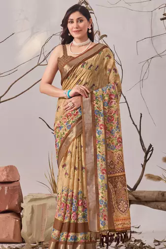 beige linen cotton digital print floral saree with matching printed blouse – designer printed sarees collection