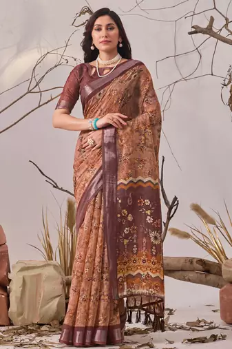 bronze elegant digital printed linen cotton floral saree with designer pallu – party wear saree with blouse
