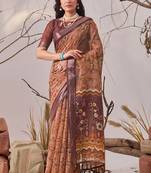 bronze elegant digital printed linen cotton floral saree with designer pallu – party wear saree with blouse